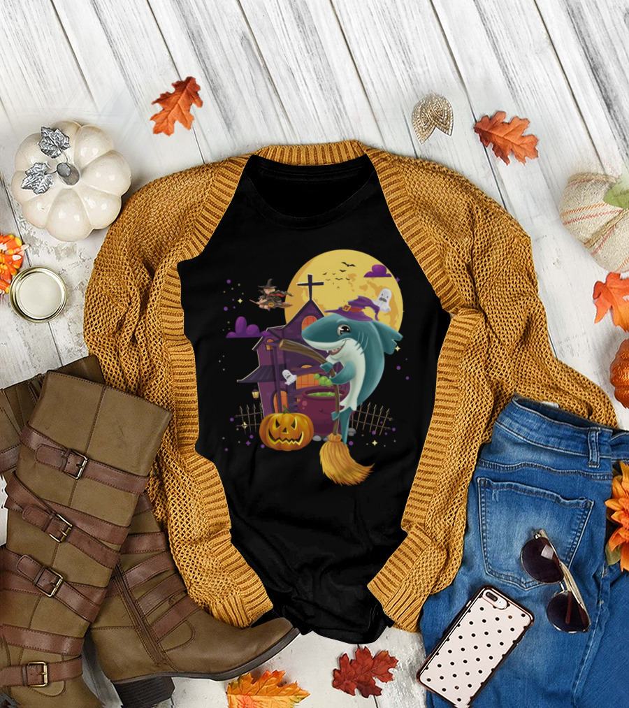 Witch Mama Shark Broom Pumpkin Haunted House Ghosts Halloween Moon T-Shirt