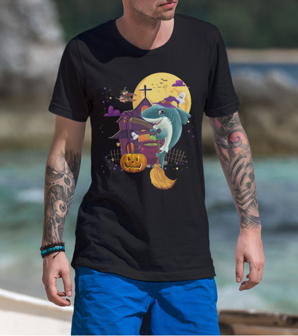 Witch Mama Shark Broom Pumpkin Haunted House Ghosts Halloween Moon T-Shirt