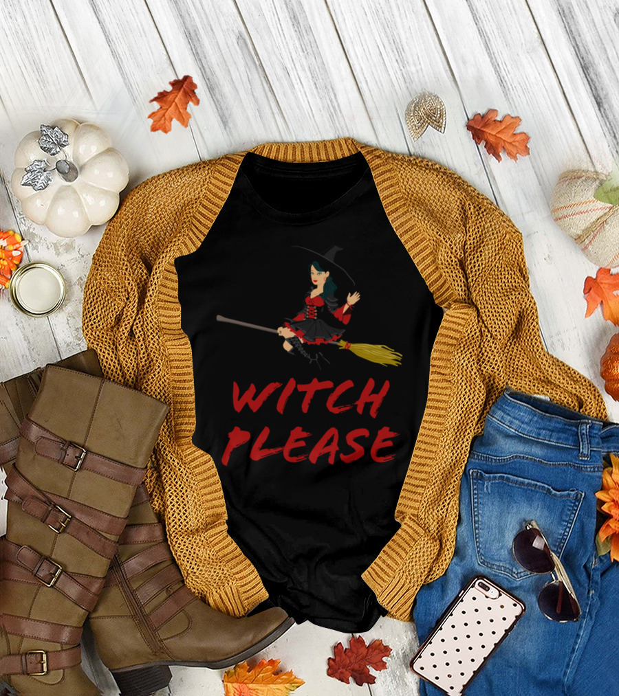 Witch Please Witch on Broomstick with Red Dress and Hat T-Shirt