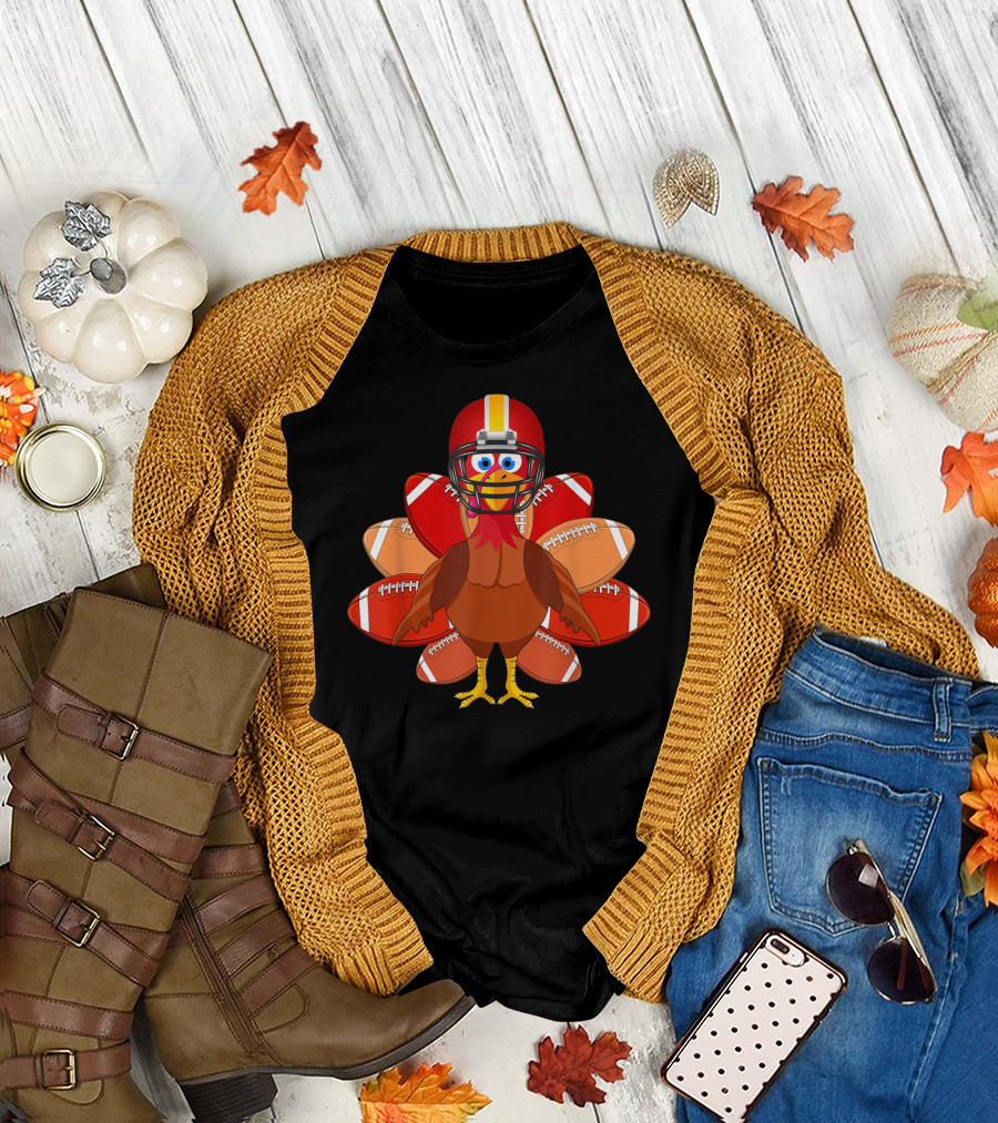 Turkey Wearing Football Helmet Surrounded by Footballs Thankful T-Shirt