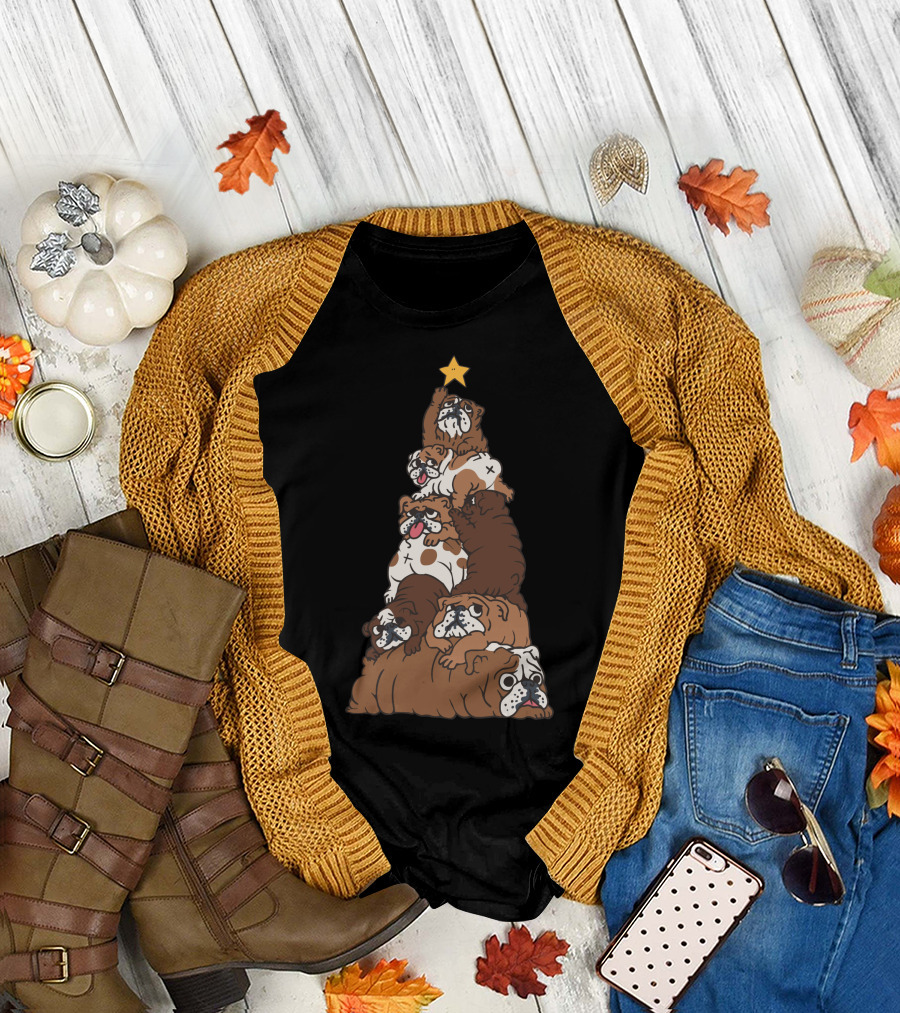Christmas Tree English Bulldog Tower with Star Topper T-Shirt