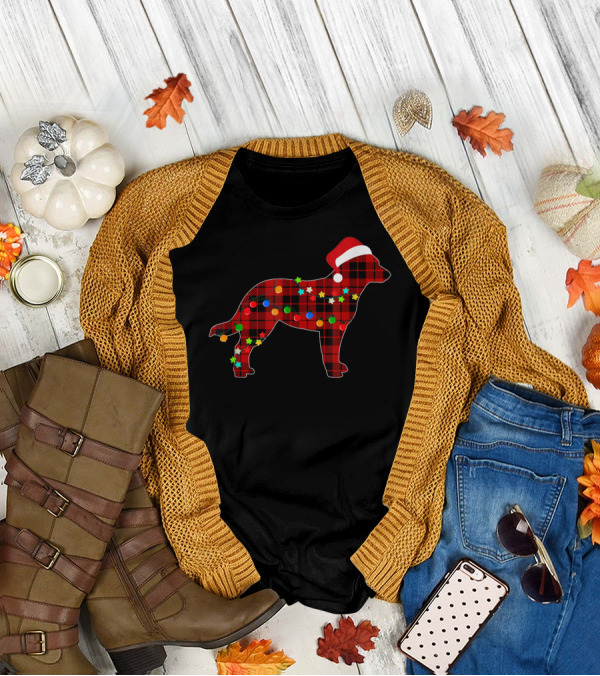 Australian Cattle Dog Red Plaid Christmas Lights Santa Hat T-Shirt