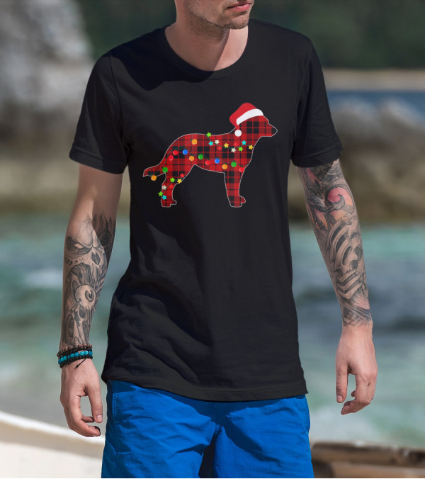 Australian Cattle Dog Red Plaid Christmas Lights Santa Hat T-Shirt