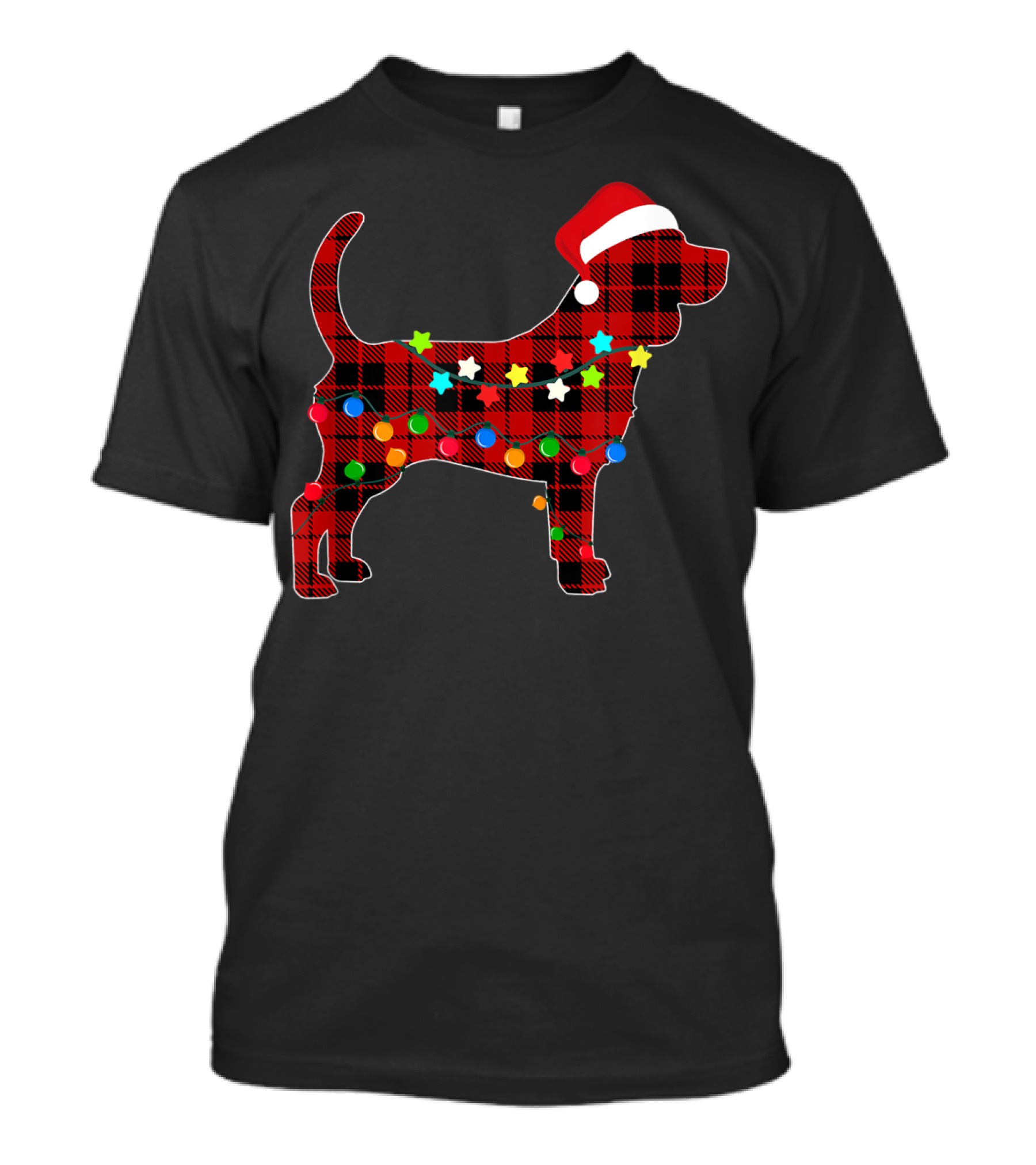 Beagle Santa Hat Red Plaid Christmas Lights T-Shirt