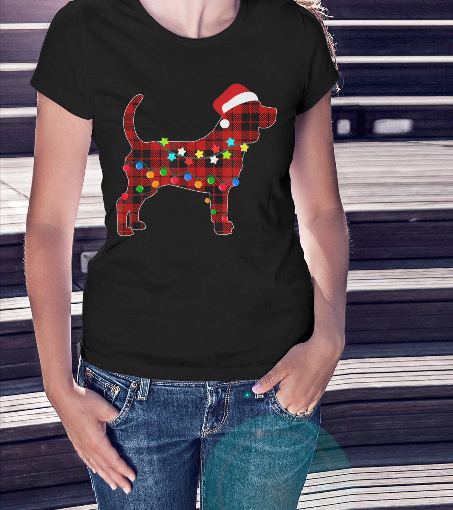 Beagle Santa Hat Red Plaid Christmas Lights T-Shirt