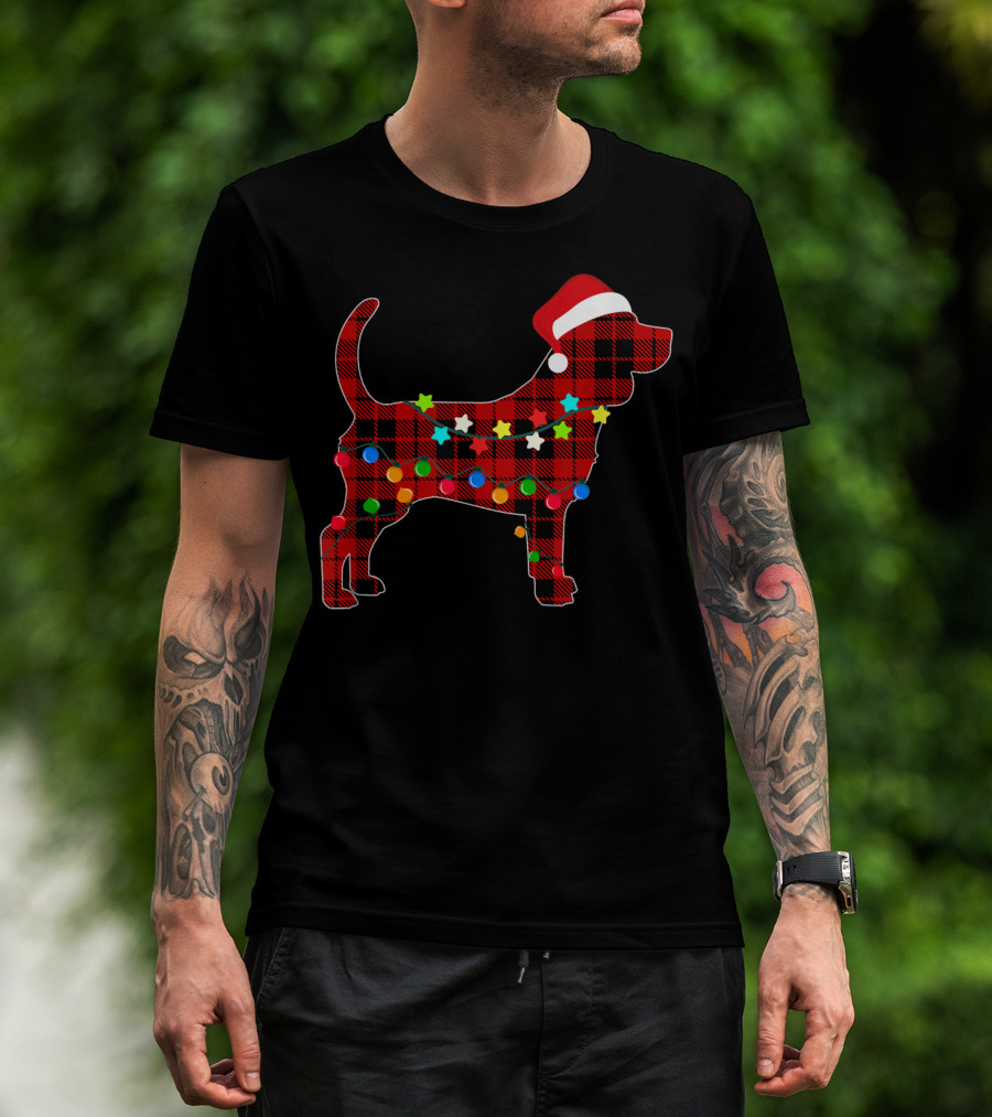Beagle Santa Hat Red Plaid Christmas Lights T-Shirt