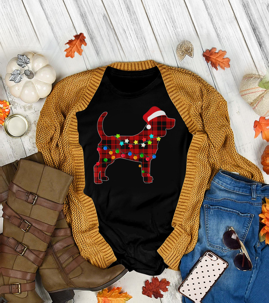 Beagle Santa Hat Red Plaid Christmas Lights T-Shirt