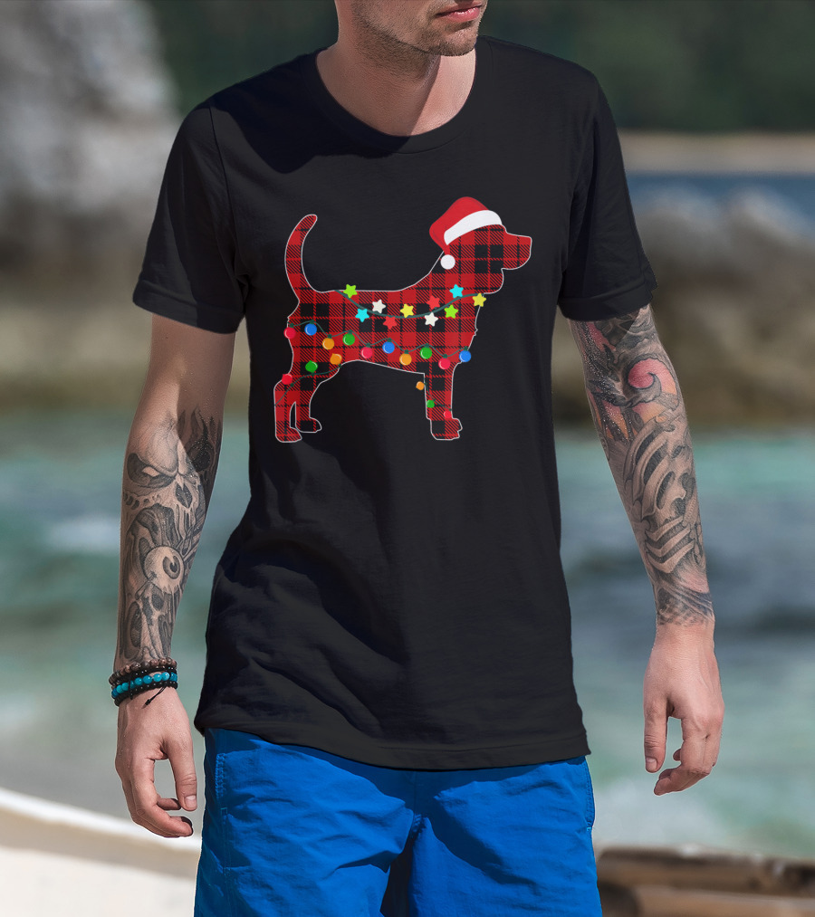 Beagle Santa Hat Red Plaid Christmas Lights T-Shirt