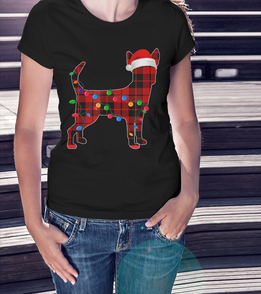 Chihuahua Red Plaid Dog Santa Hat Christmas Lights Holiday T-Shirt