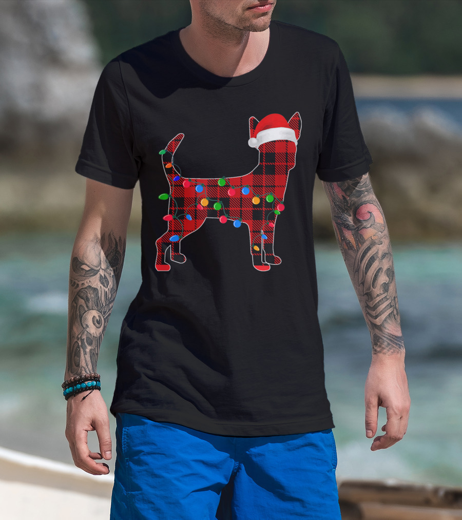 Chihuahua Red Plaid Dog Santa Hat Christmas Lights Holiday T-Shirt