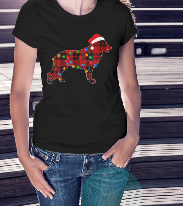 German Shepherd Red Plaid Santa Hat Christmas Lights T-Shirt