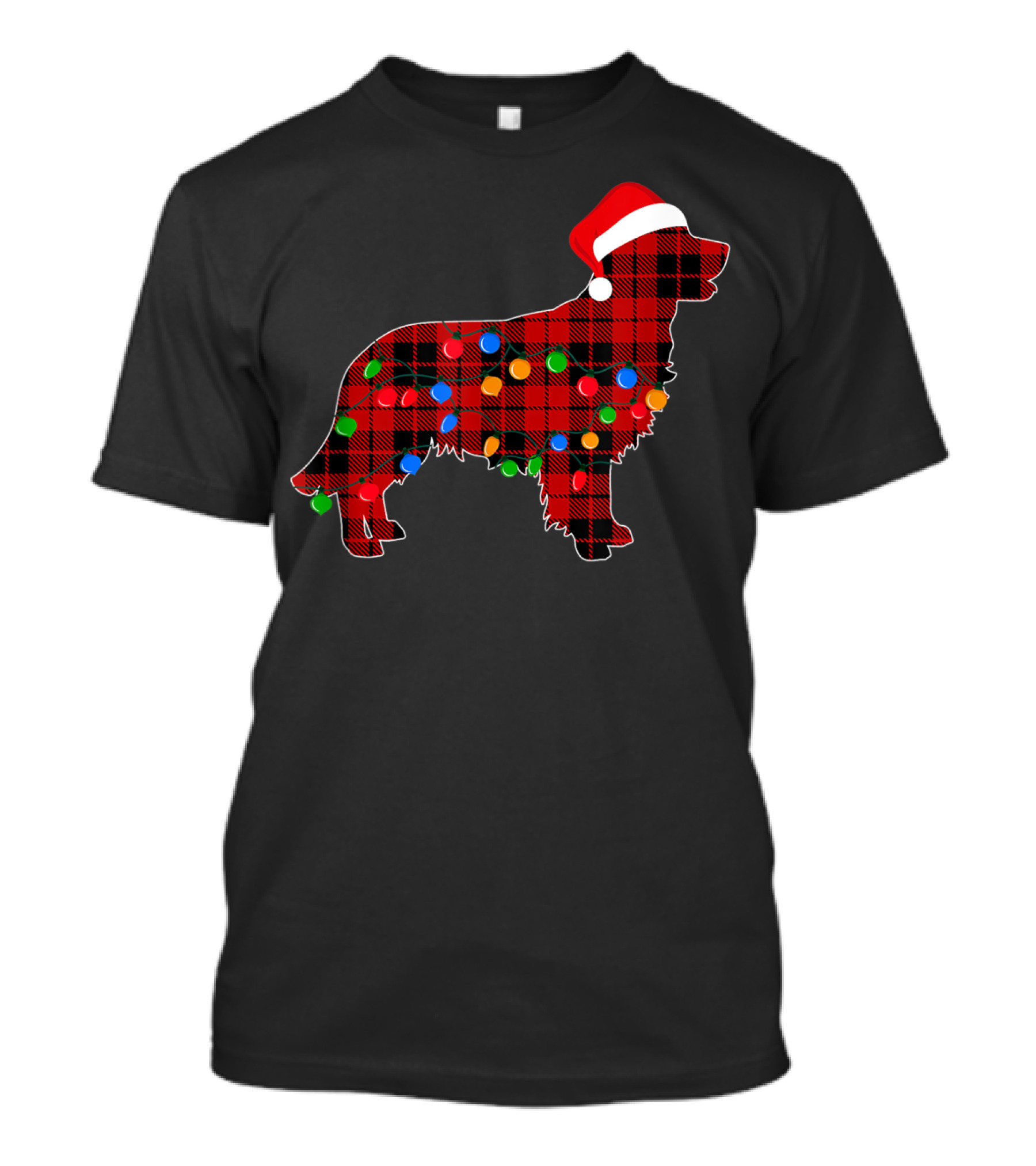 Golden Retriever Plaid Christmas Lights Santa Hat T-Shirt