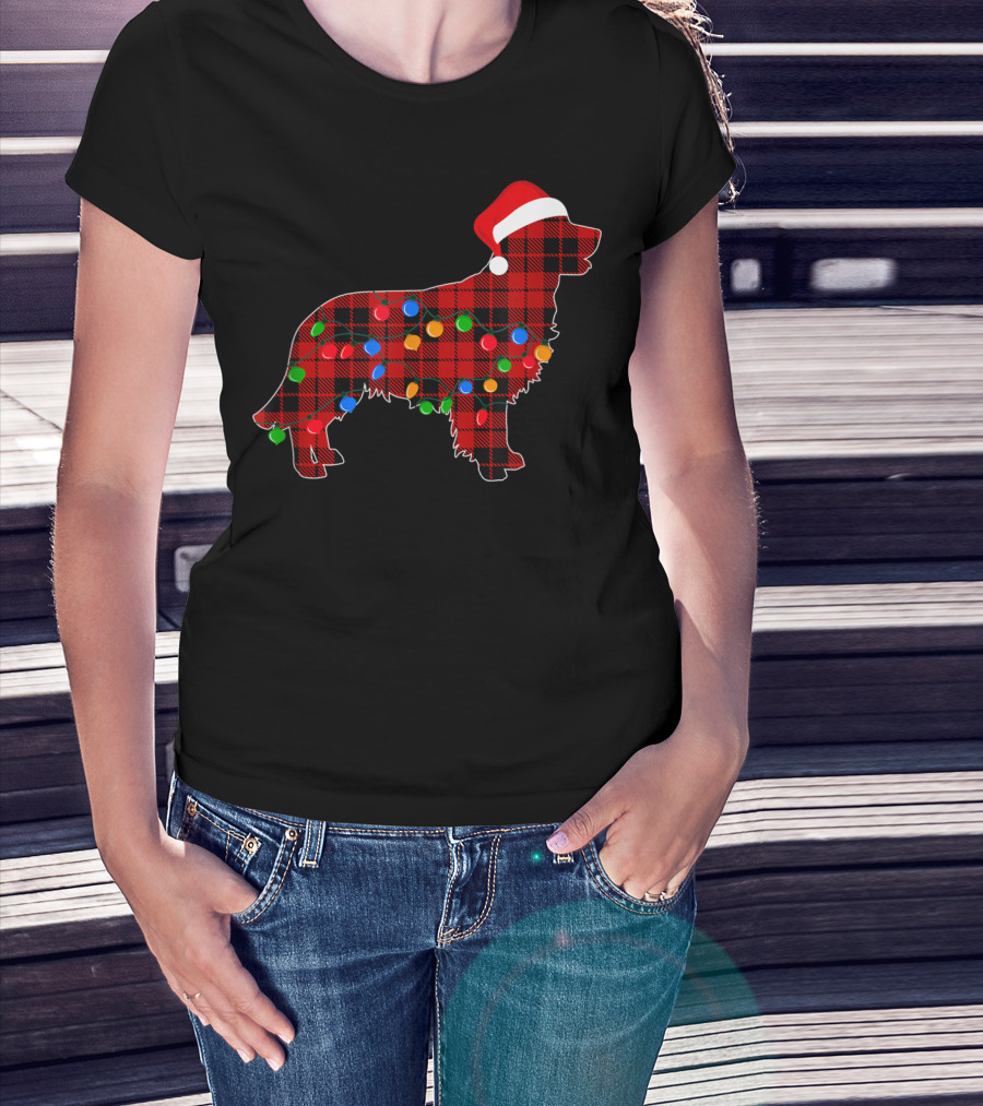 Golden Retriever Plaid Christmas Lights Santa Hat T-Shirt