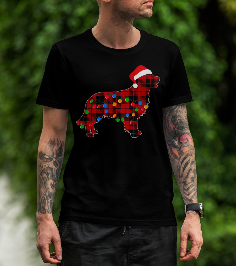 Golden Retriever Plaid Christmas Lights Santa Hat T-Shirt