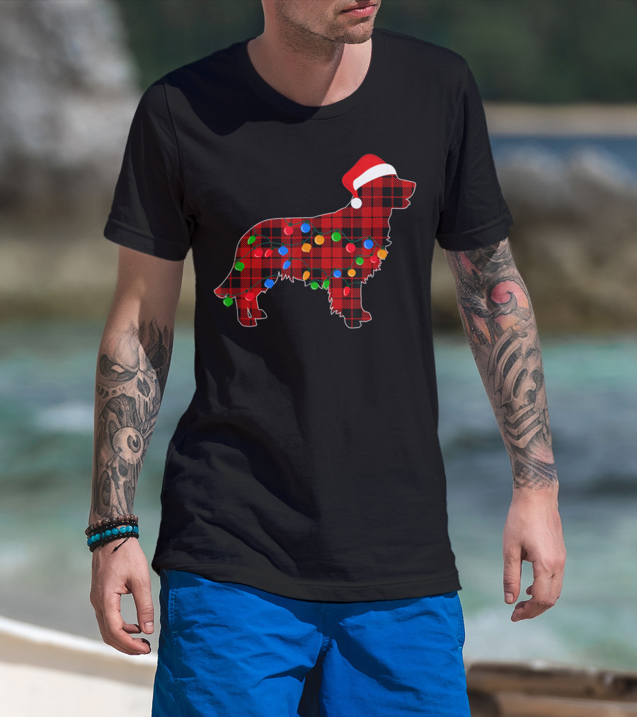Golden Retriever Plaid Christmas Lights Santa Hat T-Shirt
