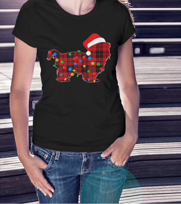 Shih Tzu Red Plaid Christmas Lights Santa Hat T-Shirt