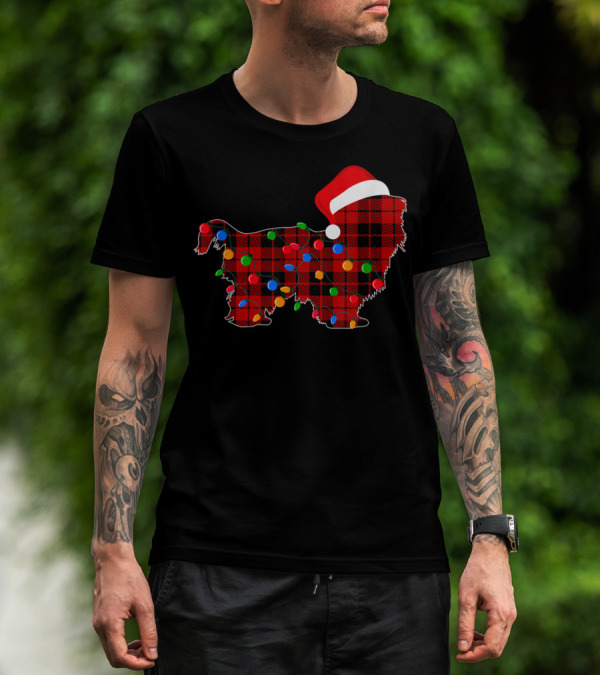 Shih Tzu Red Plaid Christmas Lights Santa Hat T-Shirt