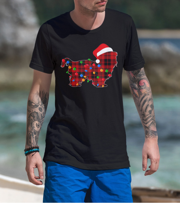 Shih Tzu Red Plaid Christmas Lights Santa Hat T-Shirt