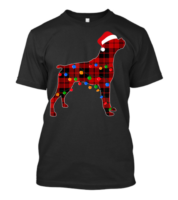 Boxer Red Plaid Dog Christmas Lights Santa Hat T-Shirt