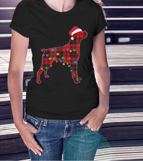 Boxer Red Plaid Dog Christmas Lights Santa Hat T-Shirt