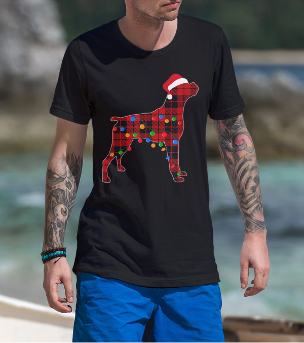 Boxer Red Plaid Dog Christmas Lights Santa Hat T-Shirt