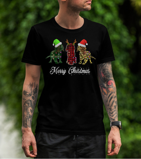 Cavalier King Charles Spaniel Merry Christmas Santa Hat Reindeer Antlers Leopard Plaid T-Shirt