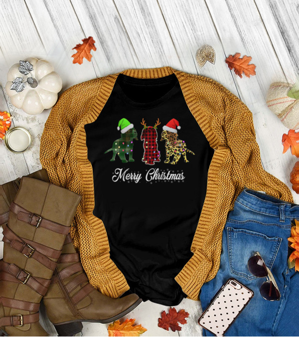 Cavalier King Charles Spaniel Merry Christmas Santa Hat Reindeer Antlers Leopard Plaid T-Shirt