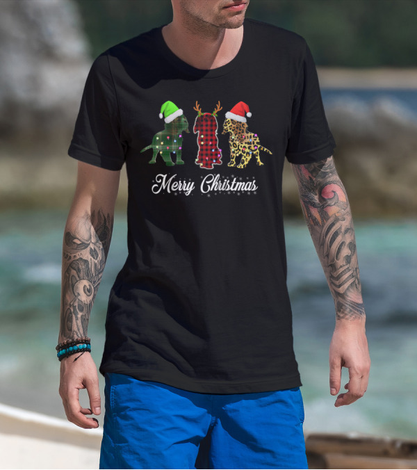Cavalier King Charles Spaniel Merry Christmas Santa Hat Reindeer Antlers Leopard Plaid T-Shirt