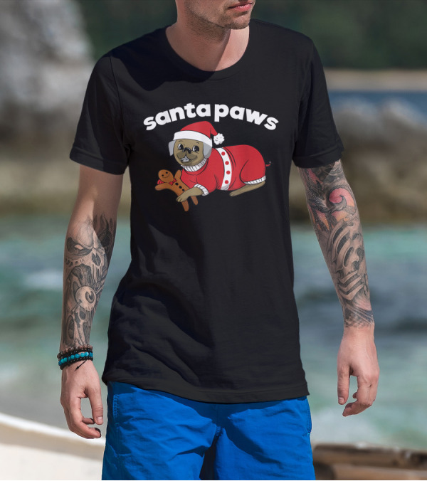 Santa Paws Christmas Santa Claus Pug Pup Dog Gingerbread T-Shirt