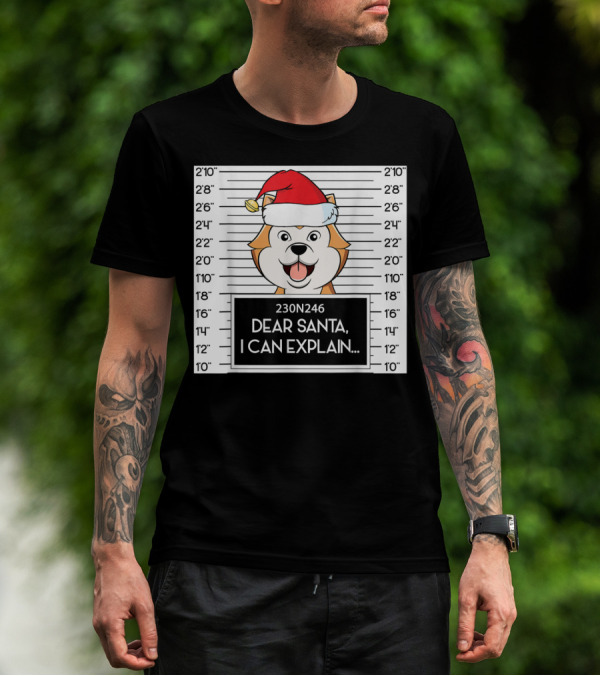 Cute Akita Mugshot Santa Hat Dear Santa I Can Explain T-Shirt