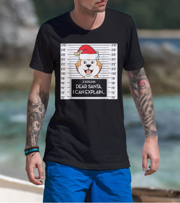 Cute Akita Mugshot Santa Hat Dear Santa I Can Explain T-Shirt