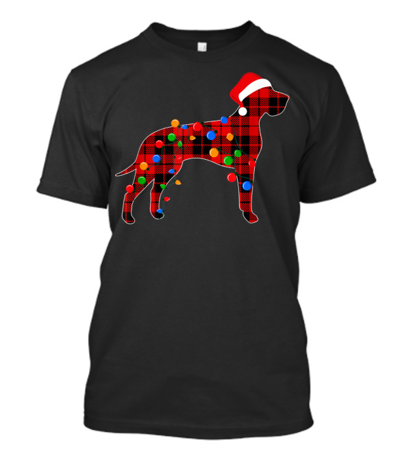 Dane Red Plaid Dog Christmas Lights Santa Hat T-Shirt