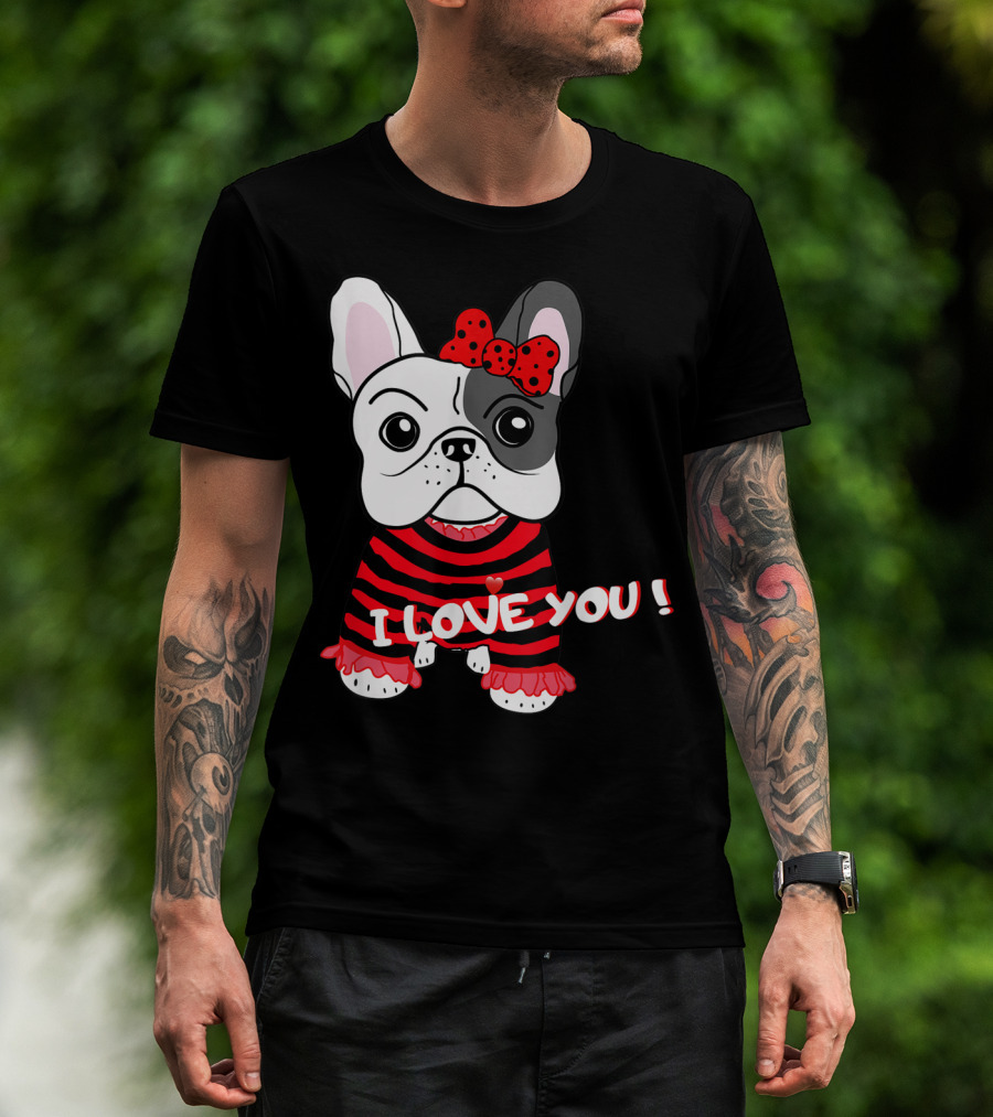 I Love You French Bulldog Puppy With Red Bow And Striped T-Shirt