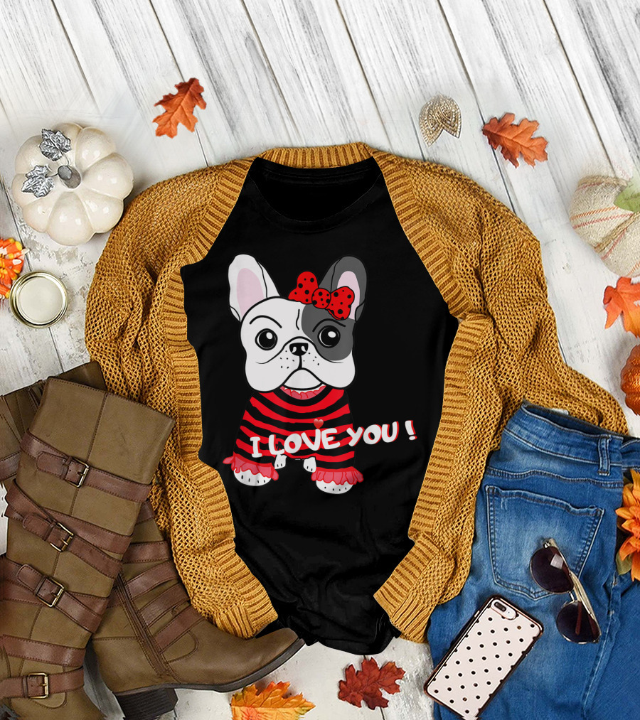 I Love You French Bulldog Puppy With Red Bow And Striped T-Shirt