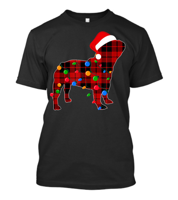 French Bulldog Red Plaid Christmas Lights With Santa Hat T-Shirt