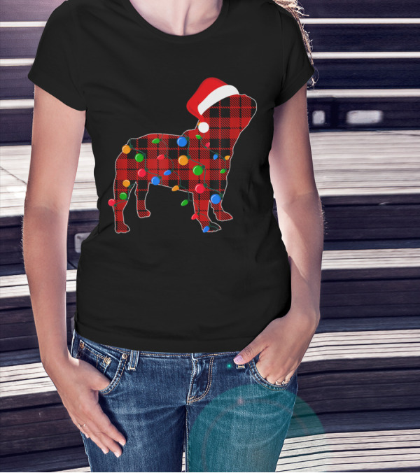 French Bulldog Red Plaid Christmas Lights With Santa Hat T-Shirt