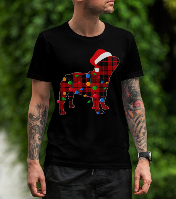 French Bulldog Red Plaid Christmas Lights With Santa Hat T-Shirt