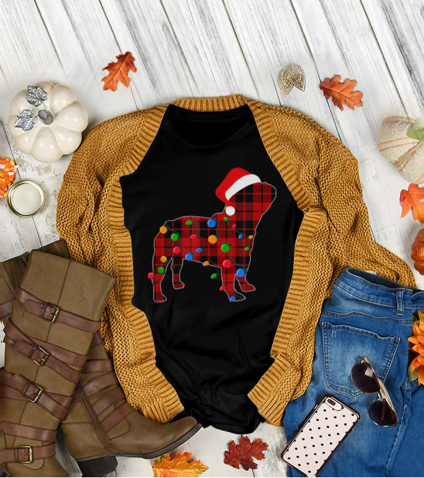 French Bulldog Red Plaid Christmas Lights With Santa Hat T-Shirt