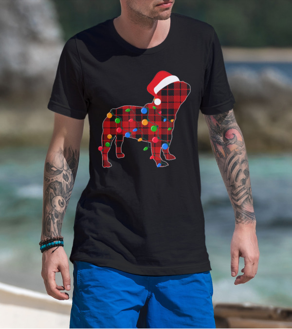 French Bulldog Red Plaid Christmas Lights With Santa Hat T-Shirt