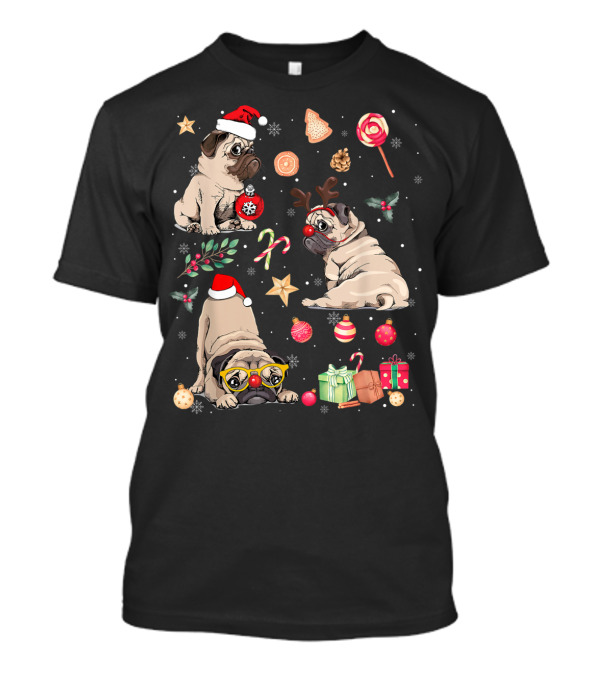 Merry Christmas Cute Pug Santa Hat Funny Dogs With Holiday Candies And Gifts T-Shirt