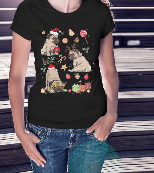 Merry Christmas Cute Pug Santa Hat Funny Dogs With Holiday Candies And Gifts T-Shirt
