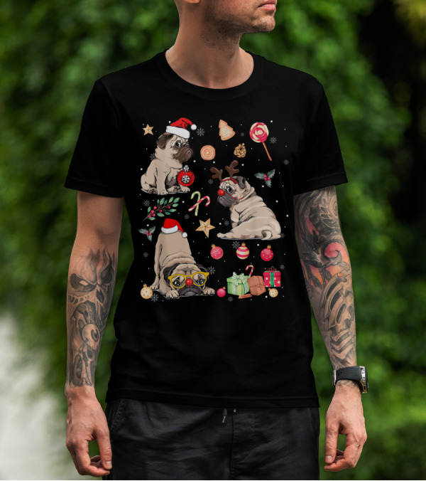 Merry Christmas Cute Pug Santa Hat Funny Dogs With Holiday Candies And Gifts T-Shirt
