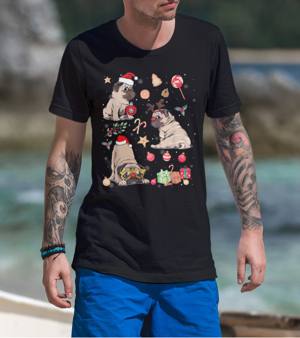 Merry Christmas Cute Pug Santa Hat Funny Dogs With Holiday Candies And Gifts T-Shirt