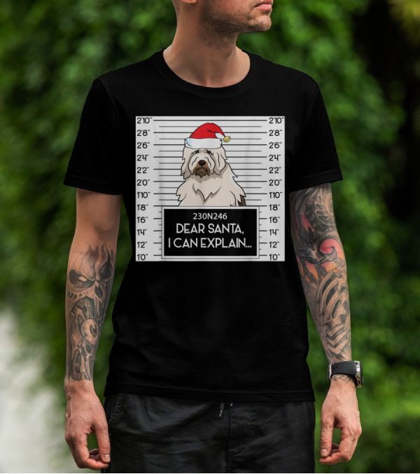 English Sheepdog Mugshot Dear Santa I Can Explain With Santa Hat T-Shirt