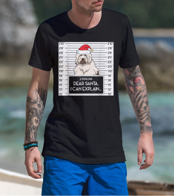 English Sheepdog Mugshot Dear Santa I Can Explain With Santa Hat T-Shirt