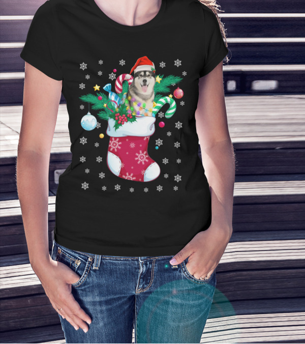 Funny Christmas Siberian Husky In Santa Hat With Candy Canes And Snowflakes T-Shirt