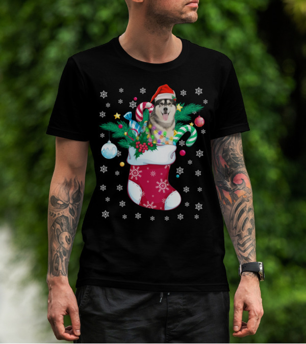 Funny Christmas Siberian Husky In Santa Hat With Candy Canes And Snowflakes T-Shirt