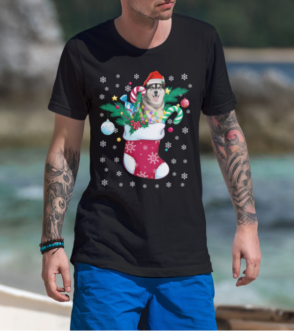 Funny Christmas Siberian Husky In Santa Hat With Candy Canes And Snowflakes T-Shirt