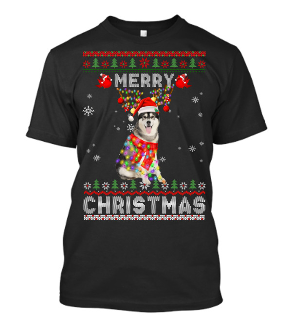 Merry Christmas Siberian Husky Reindeer Lights Snowflakes Festive T-Shirt