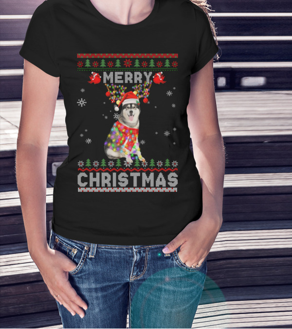 Merry Christmas Siberian Husky Reindeer Lights Snowflakes Festive T-Shirt